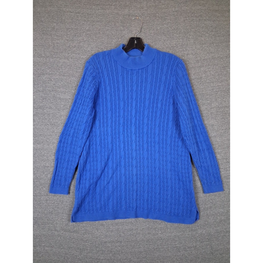 Lands End Womens Sweater Large Blue Cable Knit Mock Fisherman Coastal Preppy